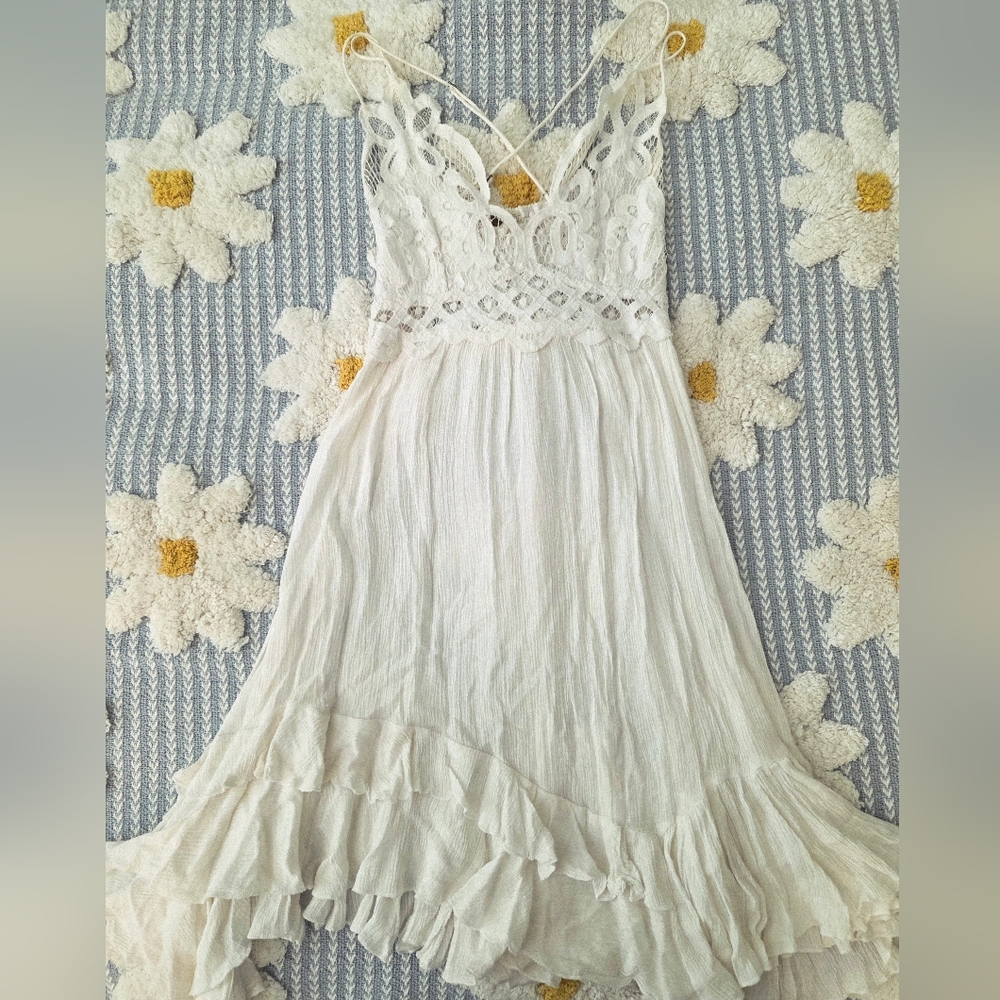 Free People White Pleated Embellished Mini Dress